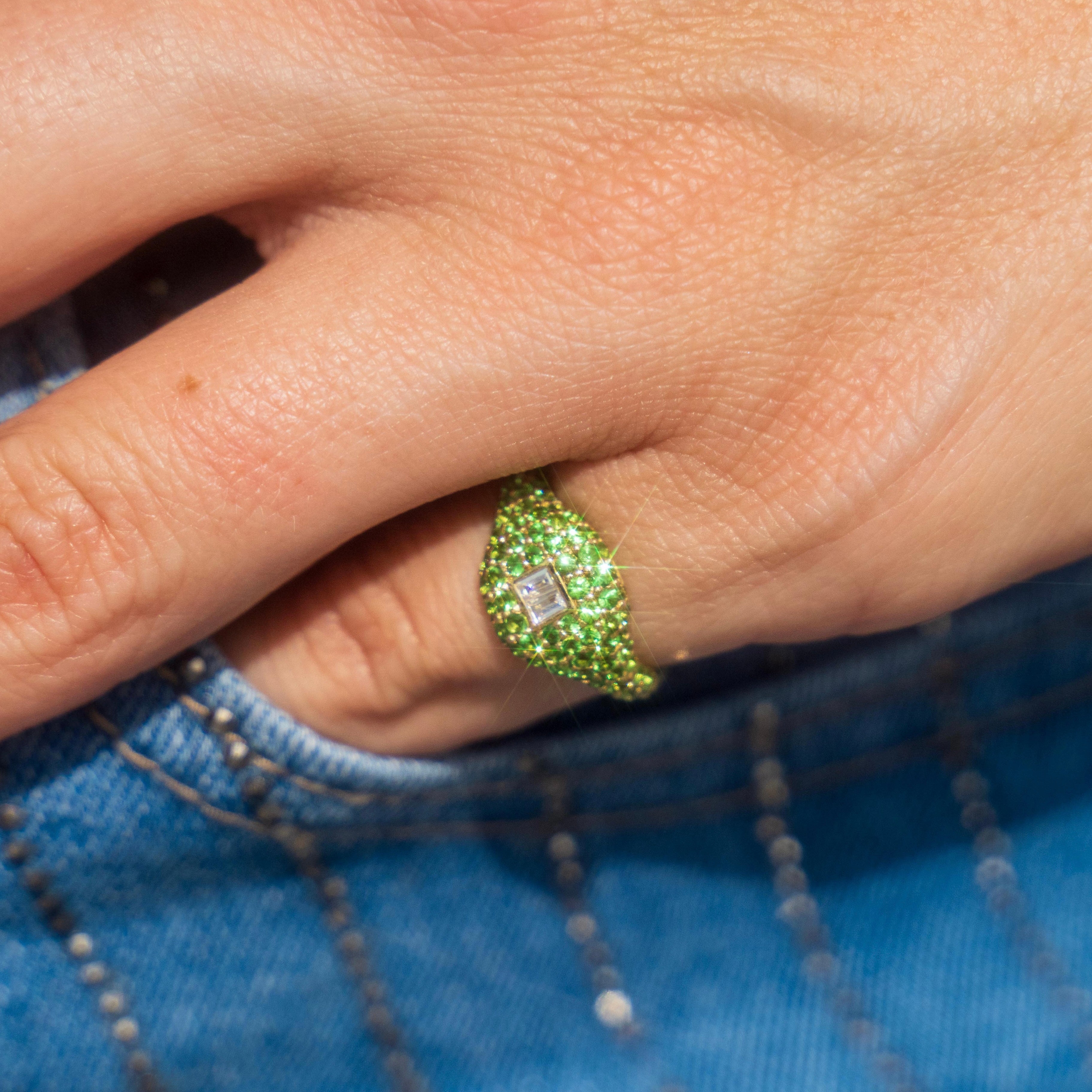 Tsavorite + Baguette Diamond Signet Pinky Ring