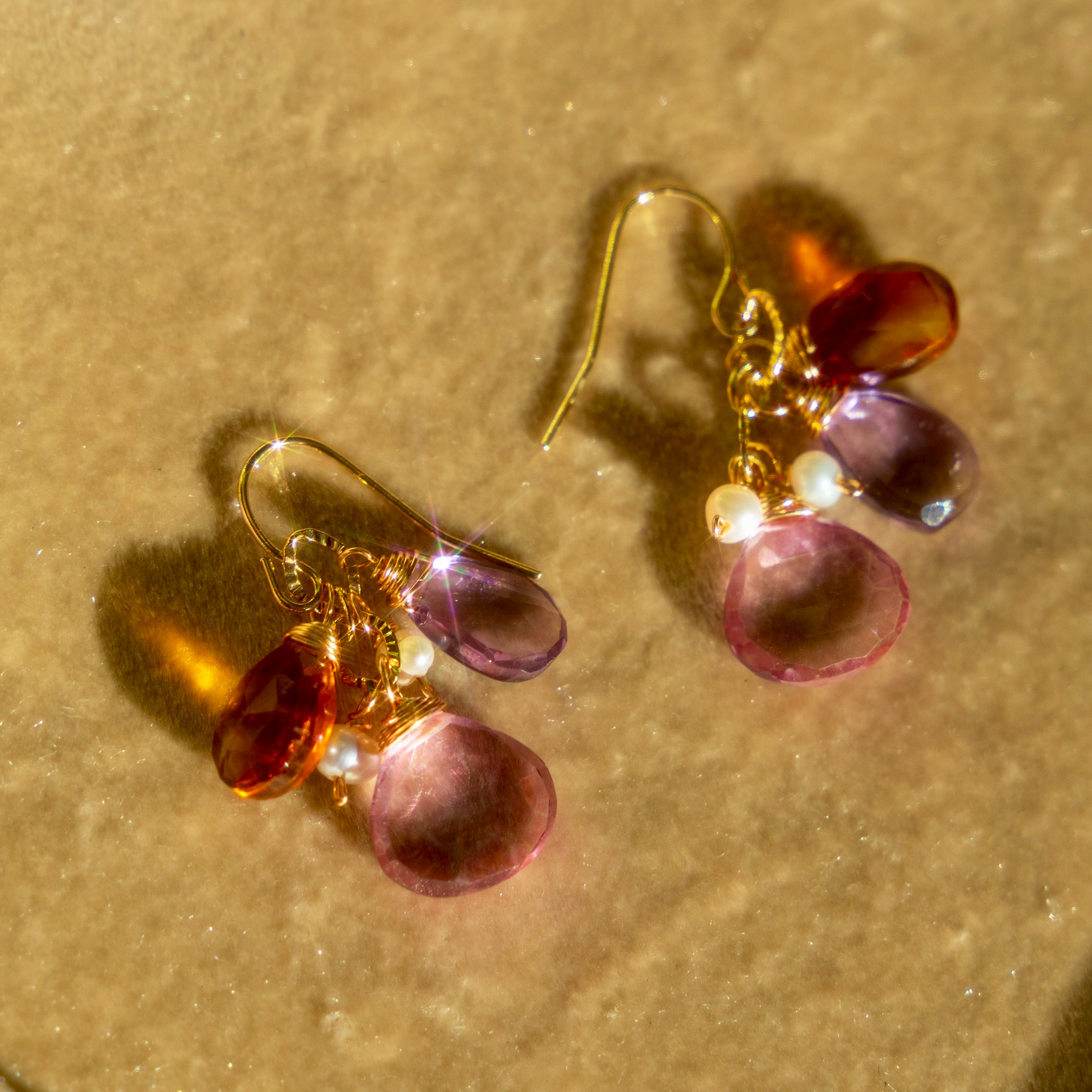 Pink Topaz, Lavender Amethyst, Citrine, + Pearl Earrings