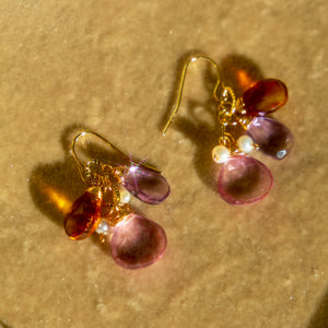 Pink Topaz, Lavender Amethyst, Citrine, + Pearl Earrings