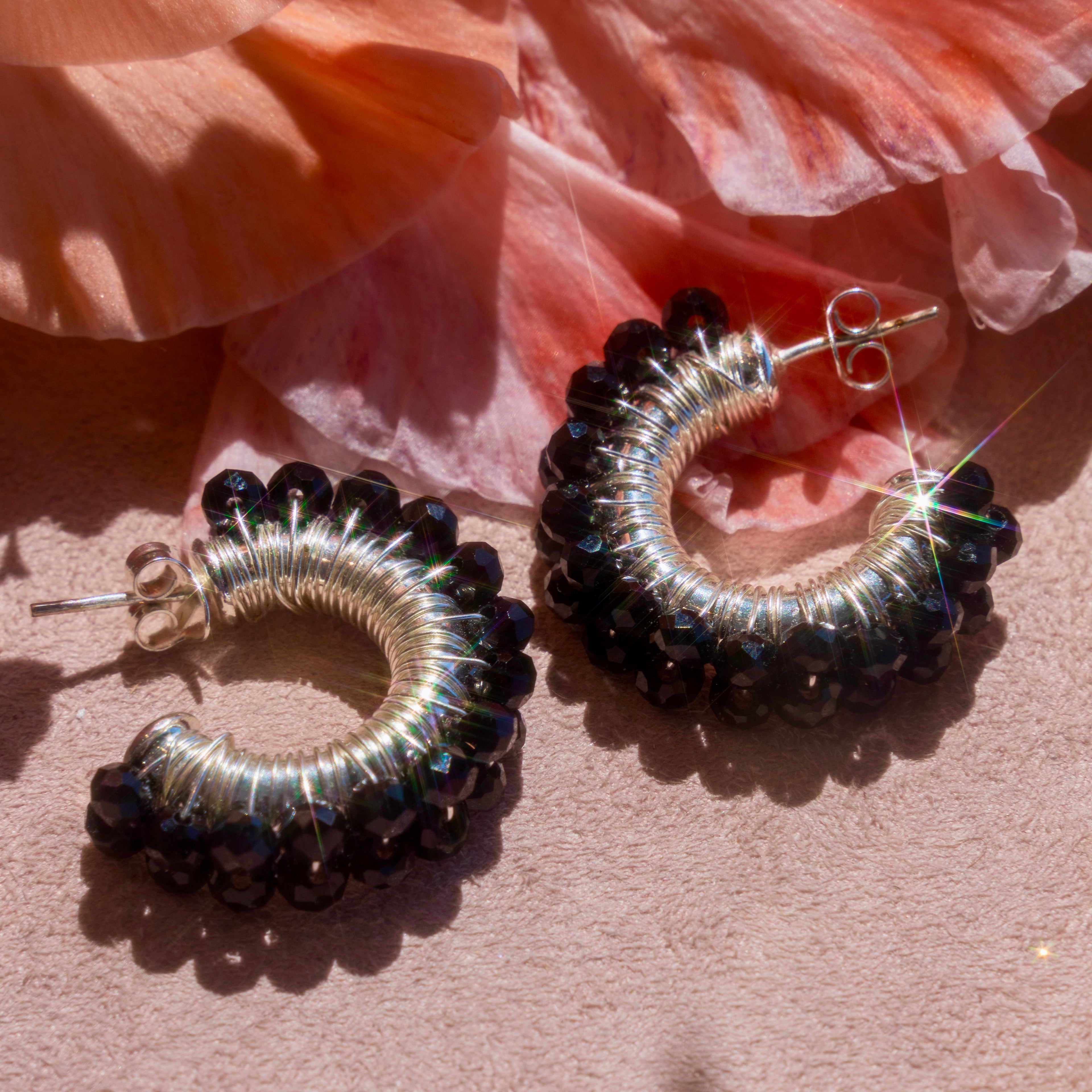 Silver Hoops w/ Black Czech Crystals