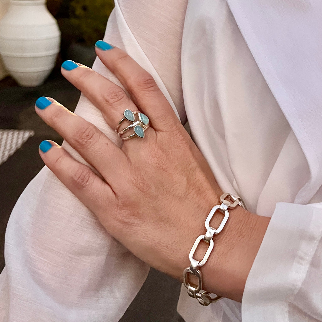Aqua Chalcedony 3 Stone Ring