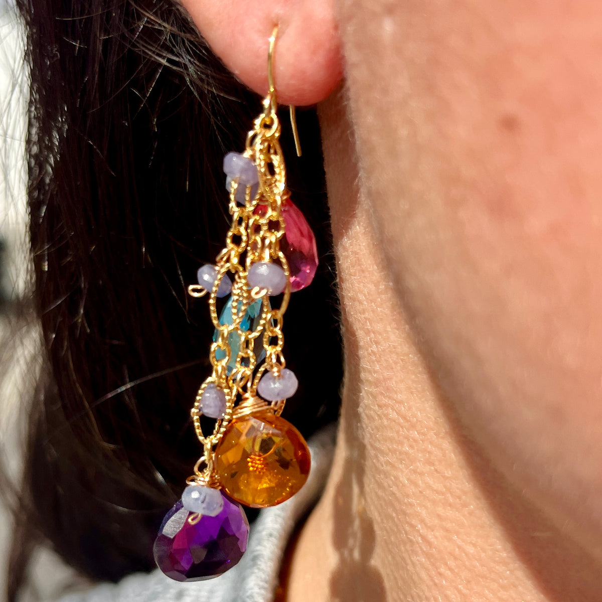 Amethyst, Madeira Citrine, Blue Topaz, Rubellite, + Tanzanite Earrings