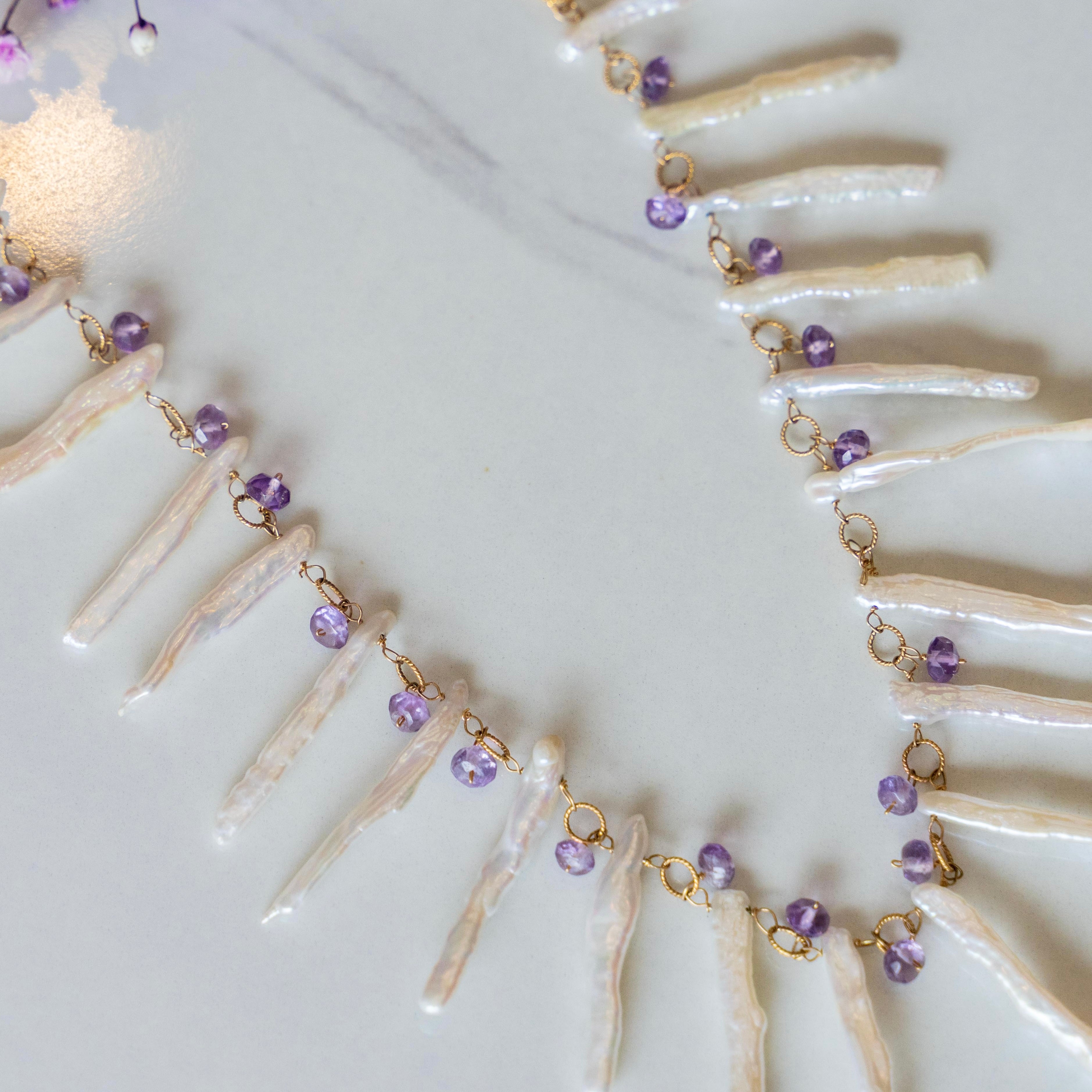 Akoya Pearl, Amethyst, + Blue Kyanite Shaker Necklace