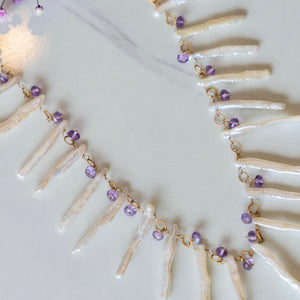 Akoya Pearl, Amethyst, + Blue Kyanite Shaker Necklace