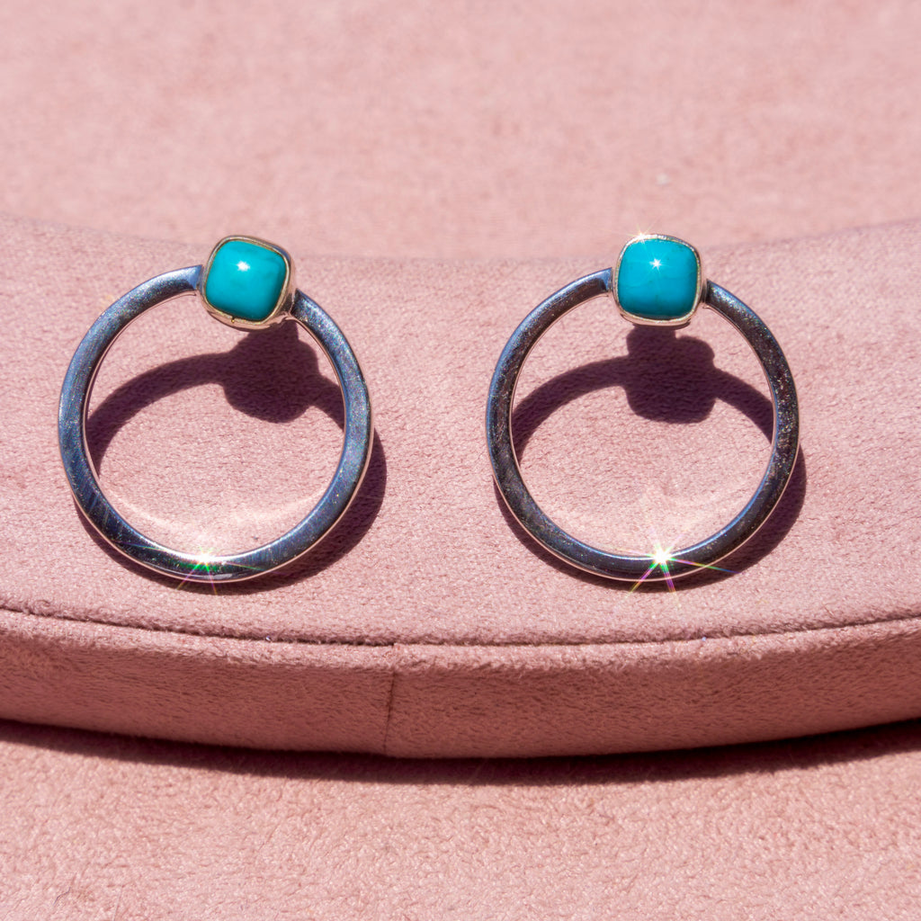Sterling Silver Turquoise Front- Facing Round Hoops