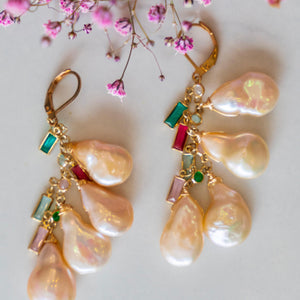 Champagne Pink Pearl Earrings w/ Tourmalines, Pink + Blue Topaz