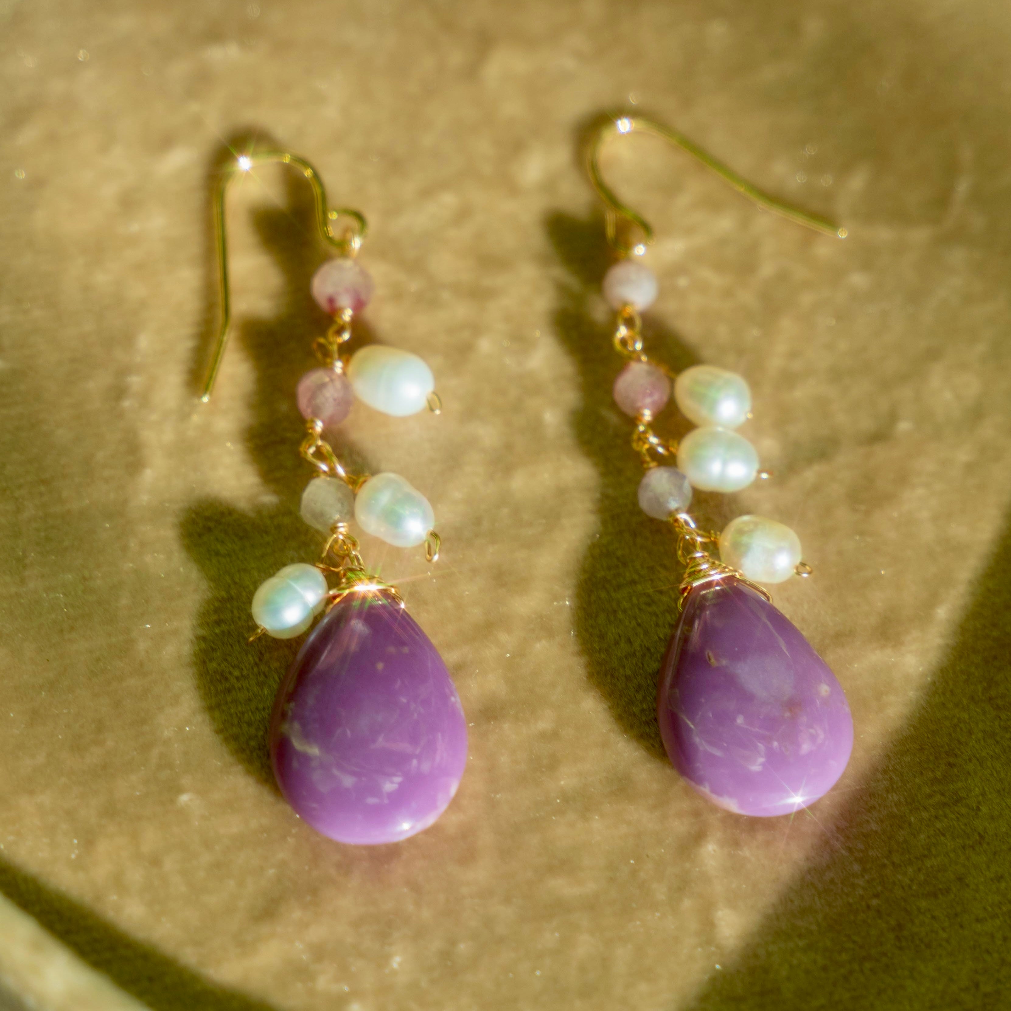 Pink Agate, Freshwater Pearls, + Purple Lepidolite Earrings