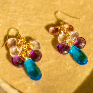 Swiss Blue Topaz, Pink Topaz, Amethyst, + Rainbow Quartz Earrings
