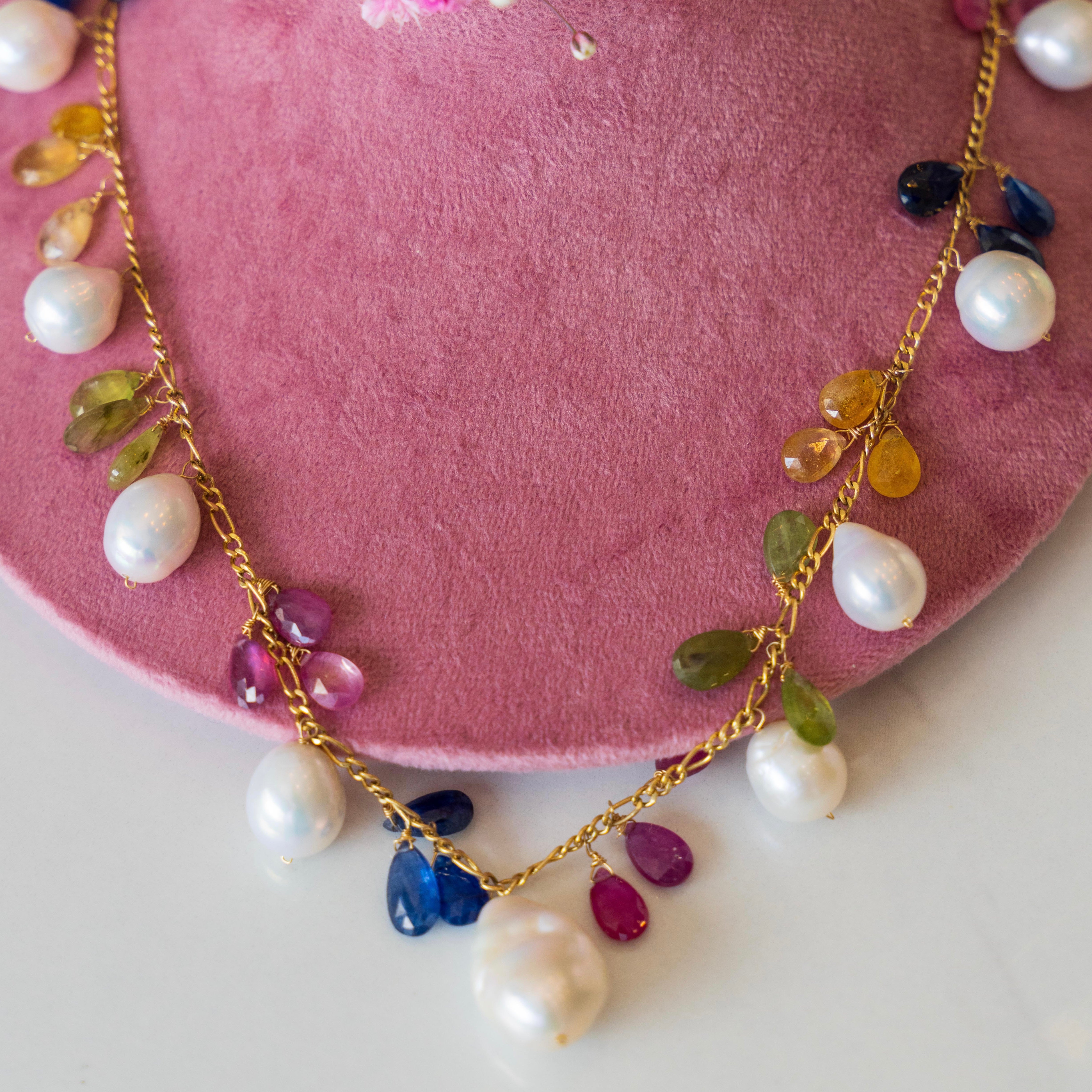 14k Pearl + Multi Colored Sapphire Necklace
