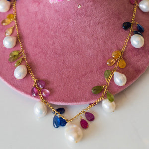 14k Pearl + Multi Colored Sapphire Necklace