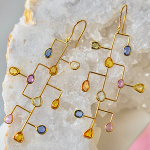 18k Multi Colored Sapphire + Diamond Ladder Earrings