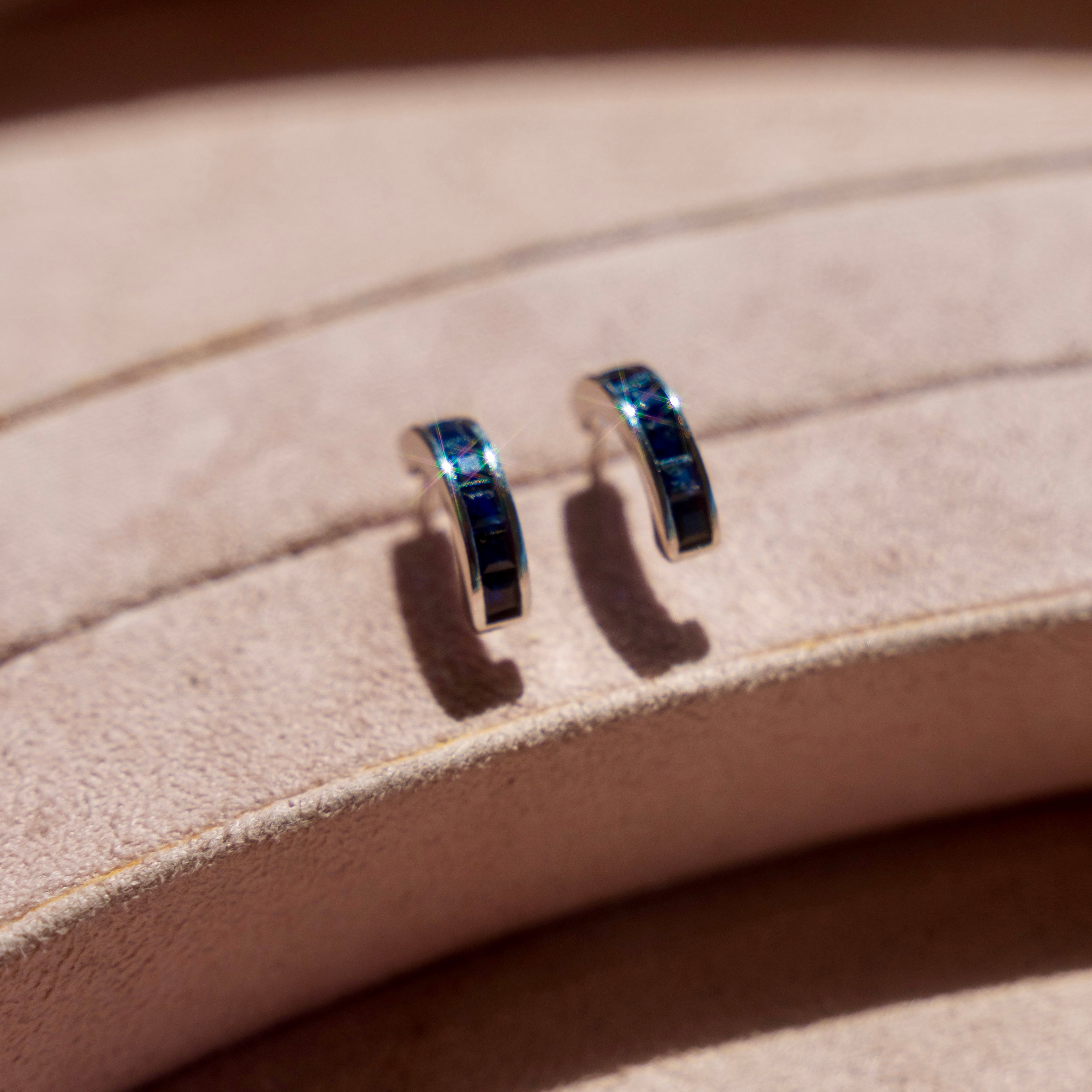 Sterling Silver Baguette Blue Sapphire Hoops
