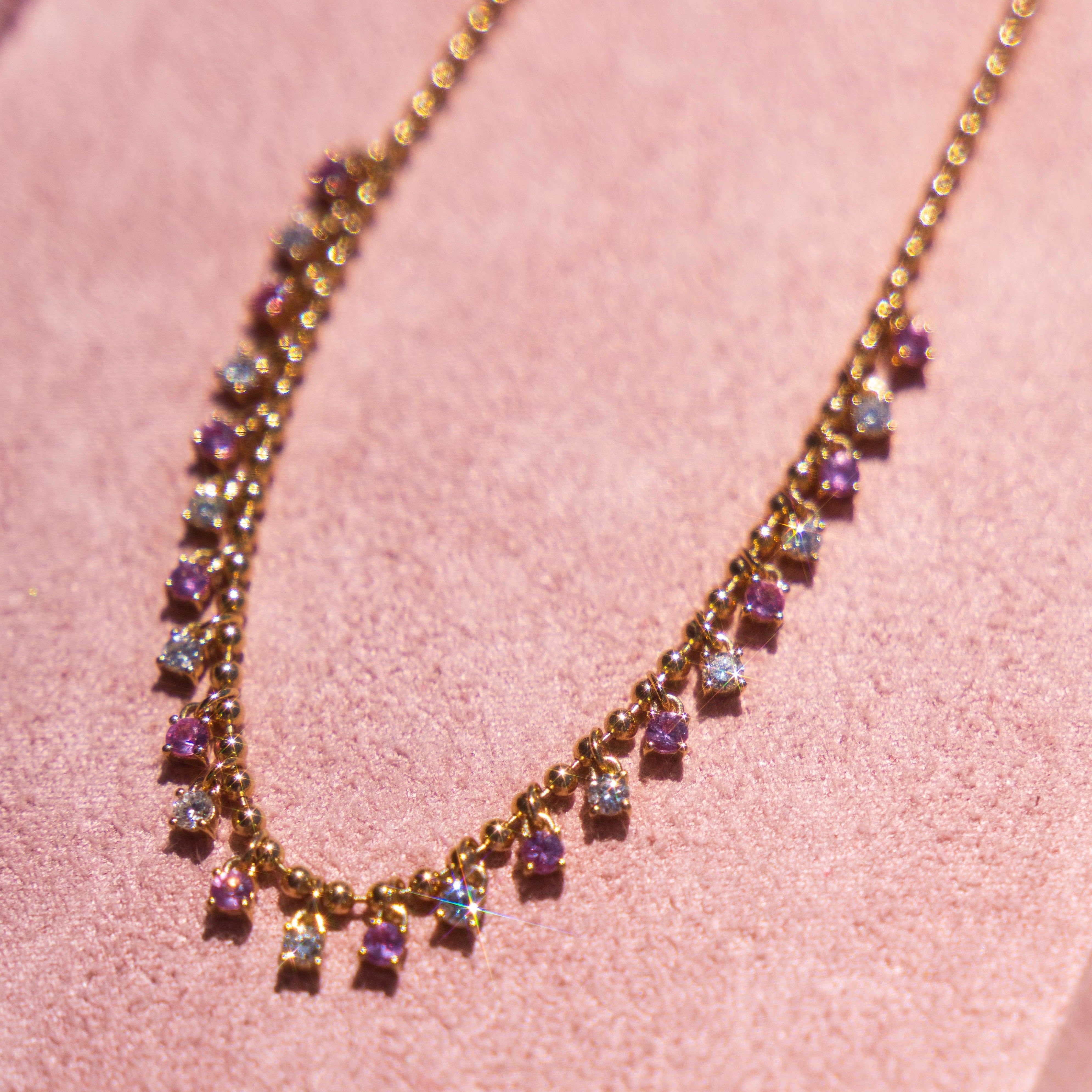 14k Pink Sapphire + Diamond Shaker Necklace