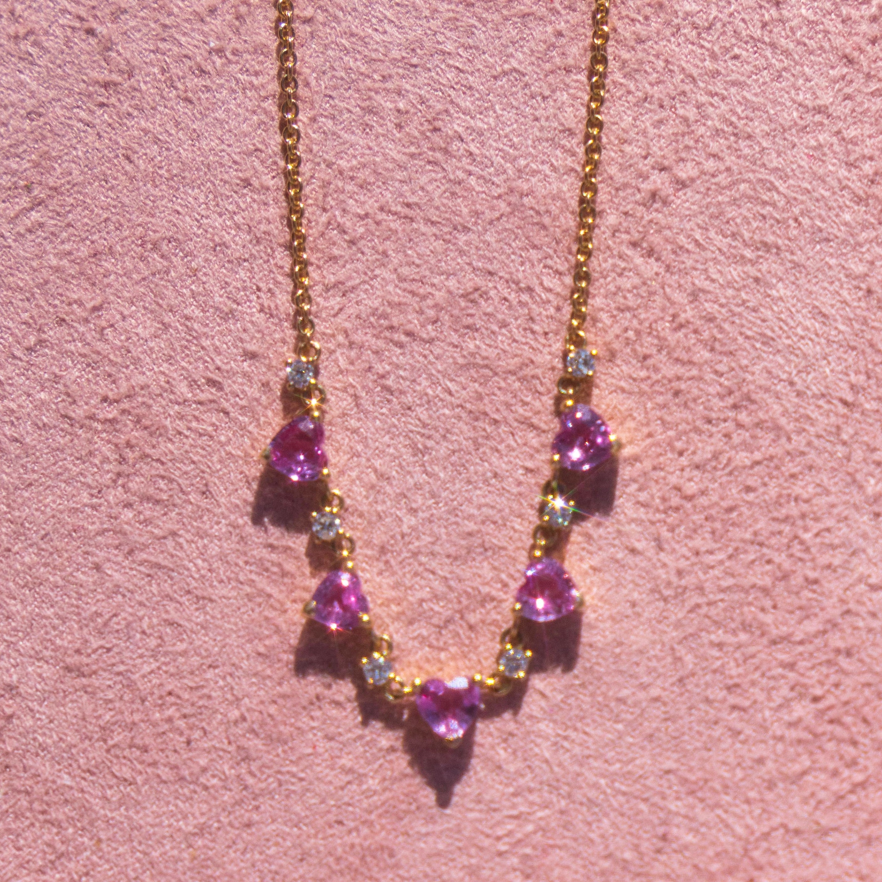 14k Pink Sapphire Hearts + Diamond Necklace