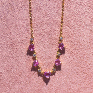 14k Pink Sapphire Hearts + Diamond Necklace