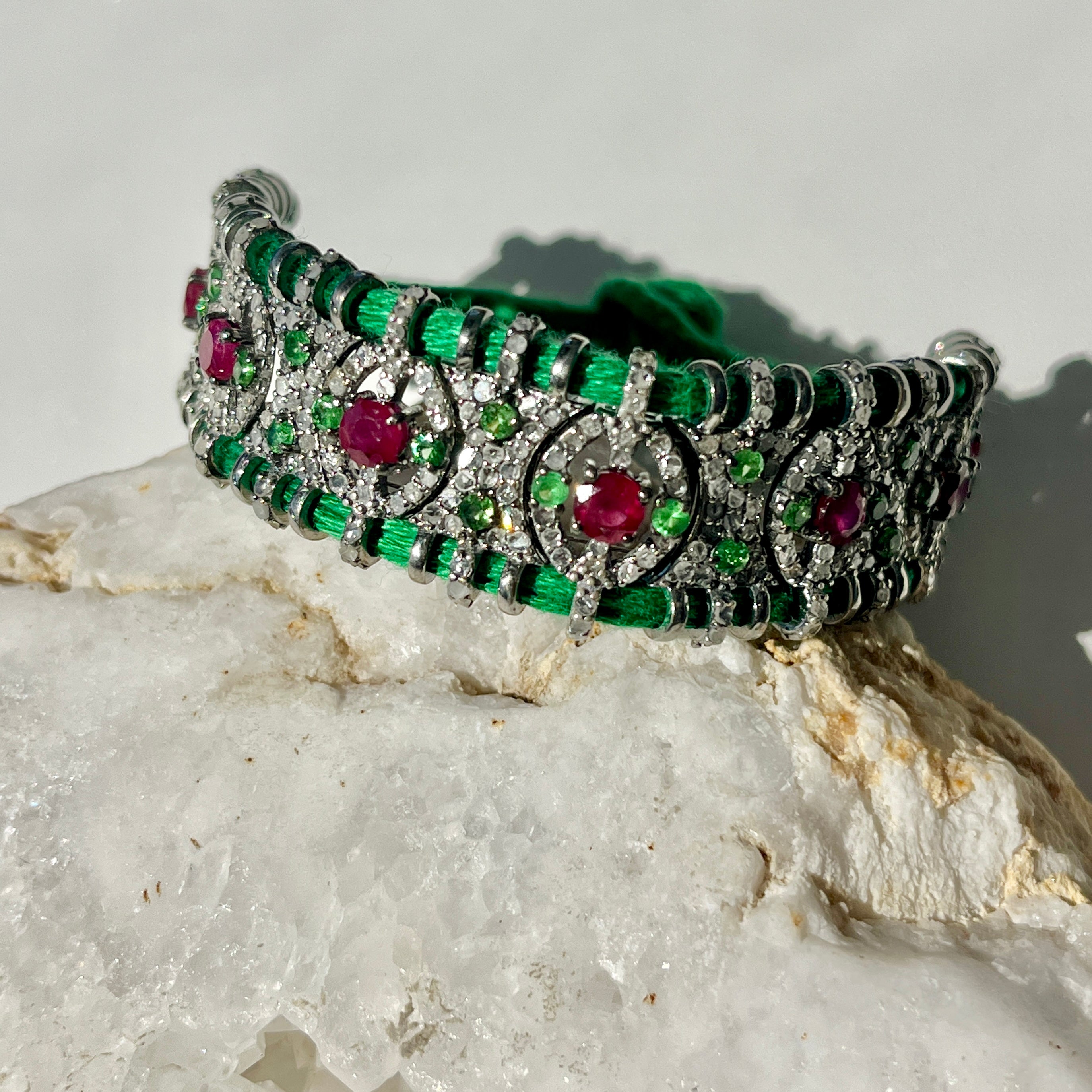 Ruby, Diamond, + Tsavorite Silk Thread Bracelet