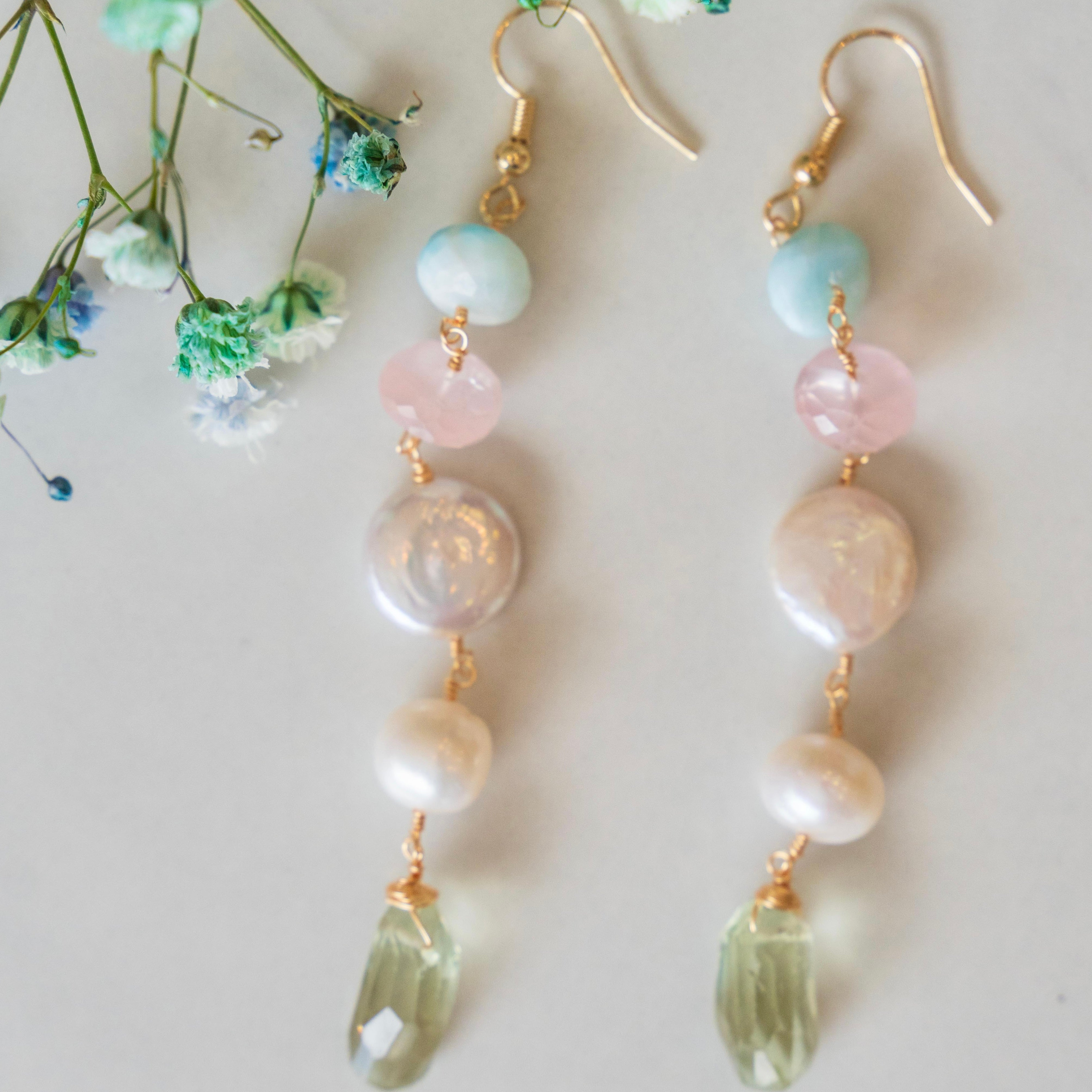 Lemon Quartz, Larimar, Rose Quartz, Akoya Coin Pearl + Round Freshwater Pearl