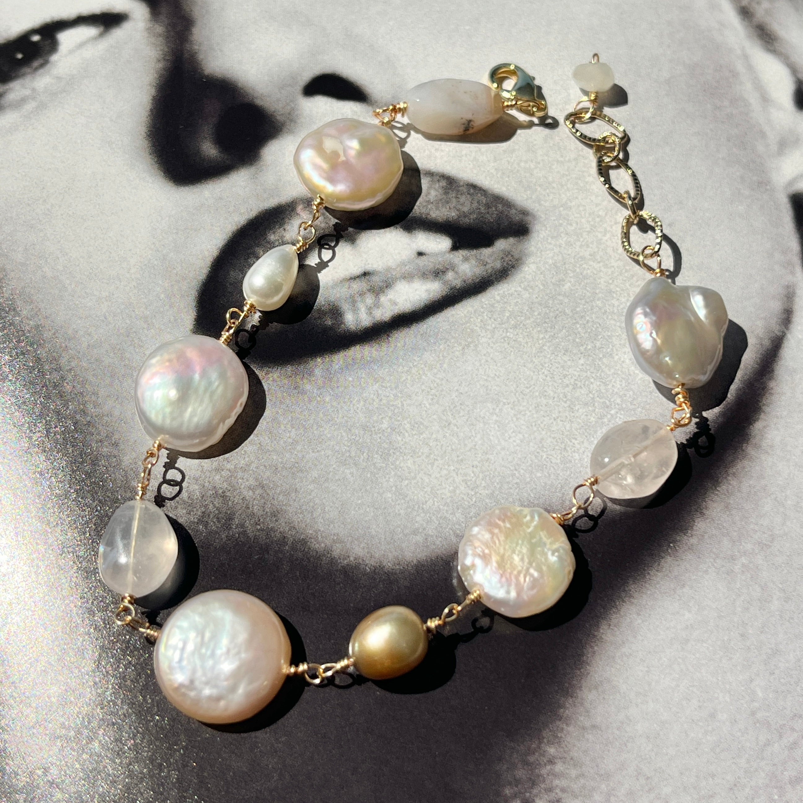 Pearl, Rose Quartz, Pink Opal, + Moonstone Bracelet