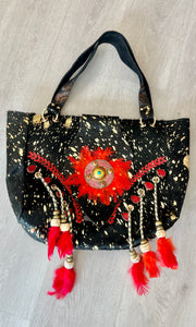 Red Feathered Leather + Cowhide Tote