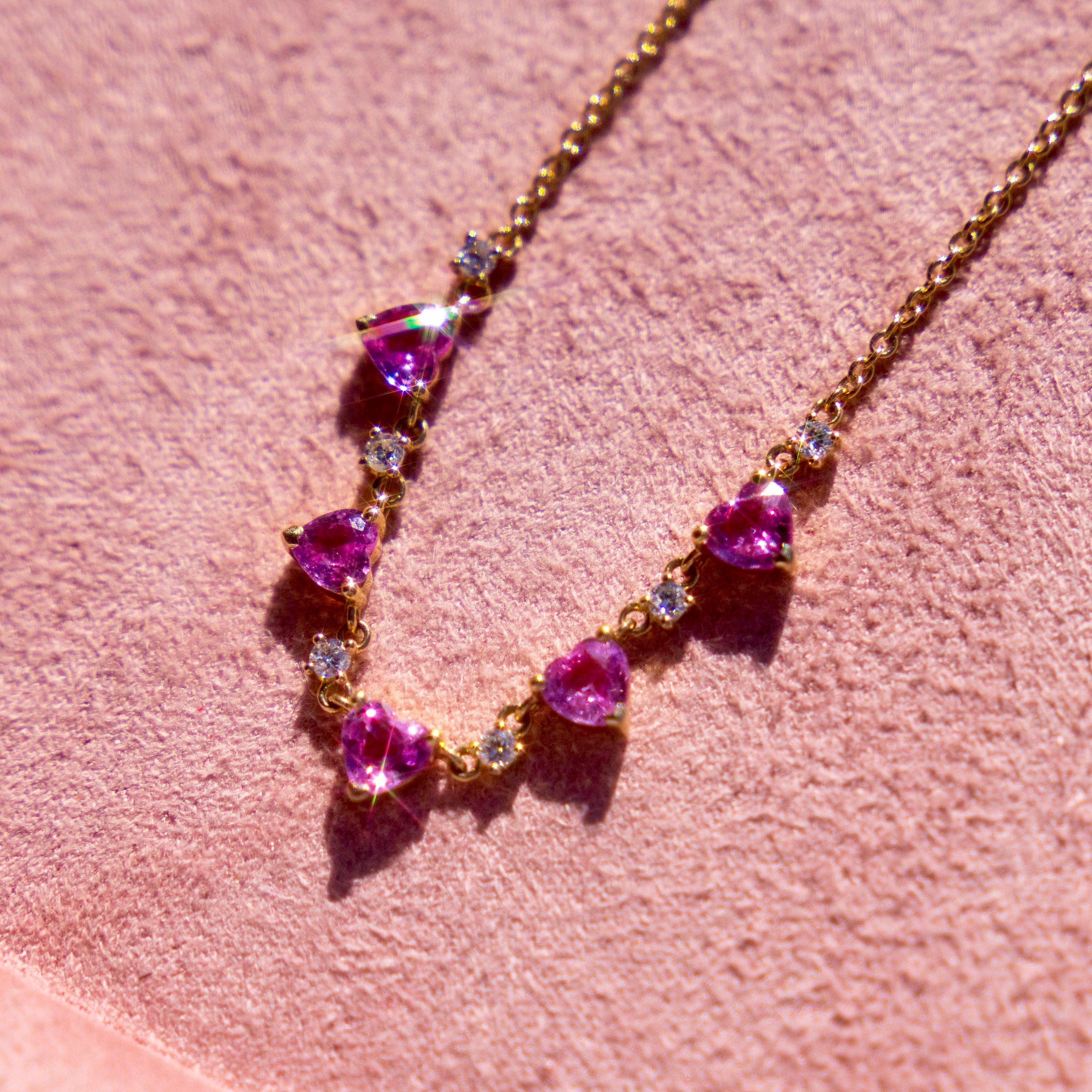 14k Pink Sapphire Hearts + Diamond Necklace