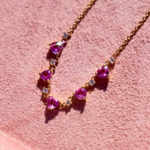 14k Pink Sapphire Hearts + Diamond Necklace