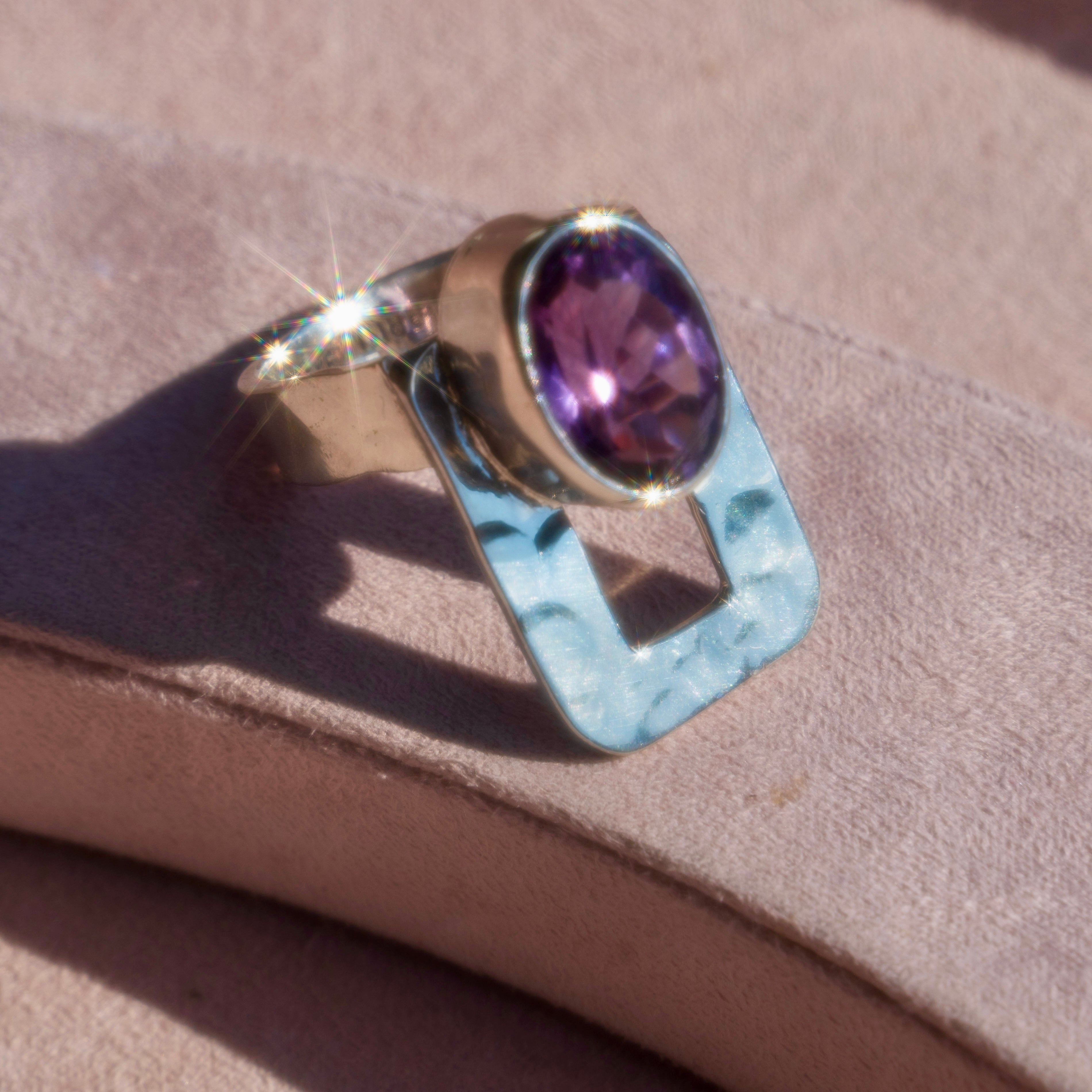 Sterling Silver Rectangular Hammered Amethyst Ring