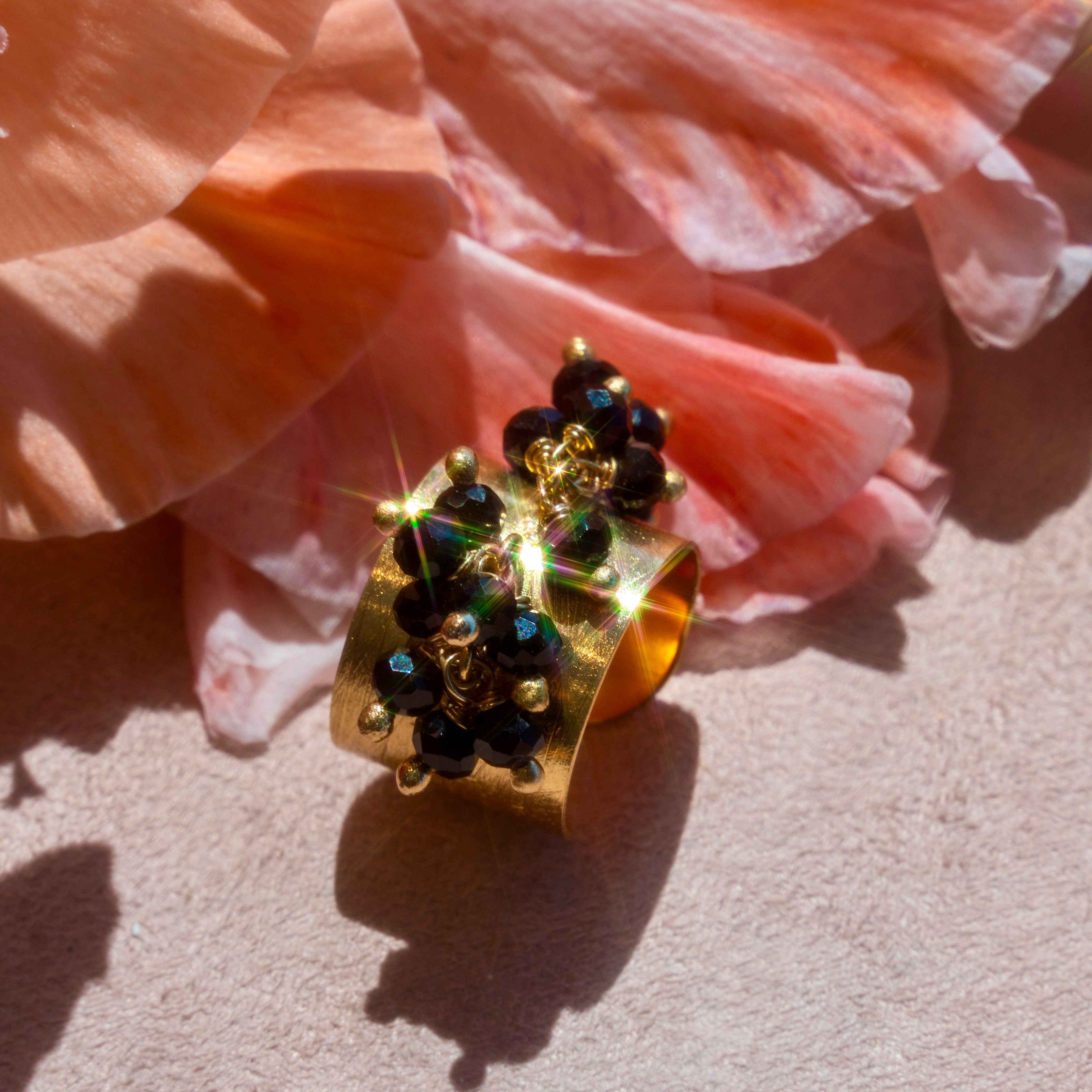 Brushed Gold Ring w/ Black Czech Crystals