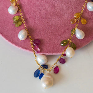 14k Pearl + Multi Colored Sapphire Necklace