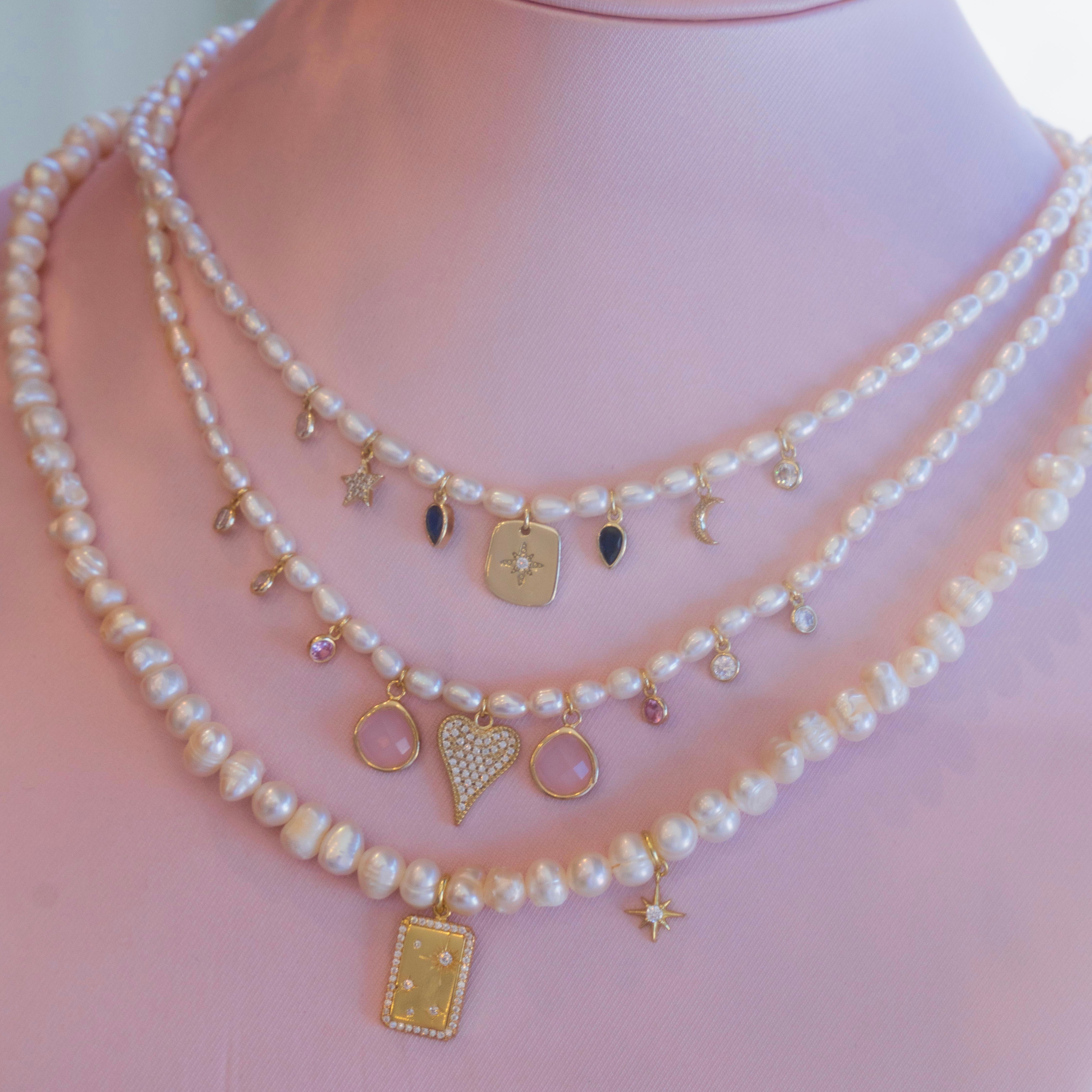 Freshwater Pearl Star + Moon Bar Necklace
