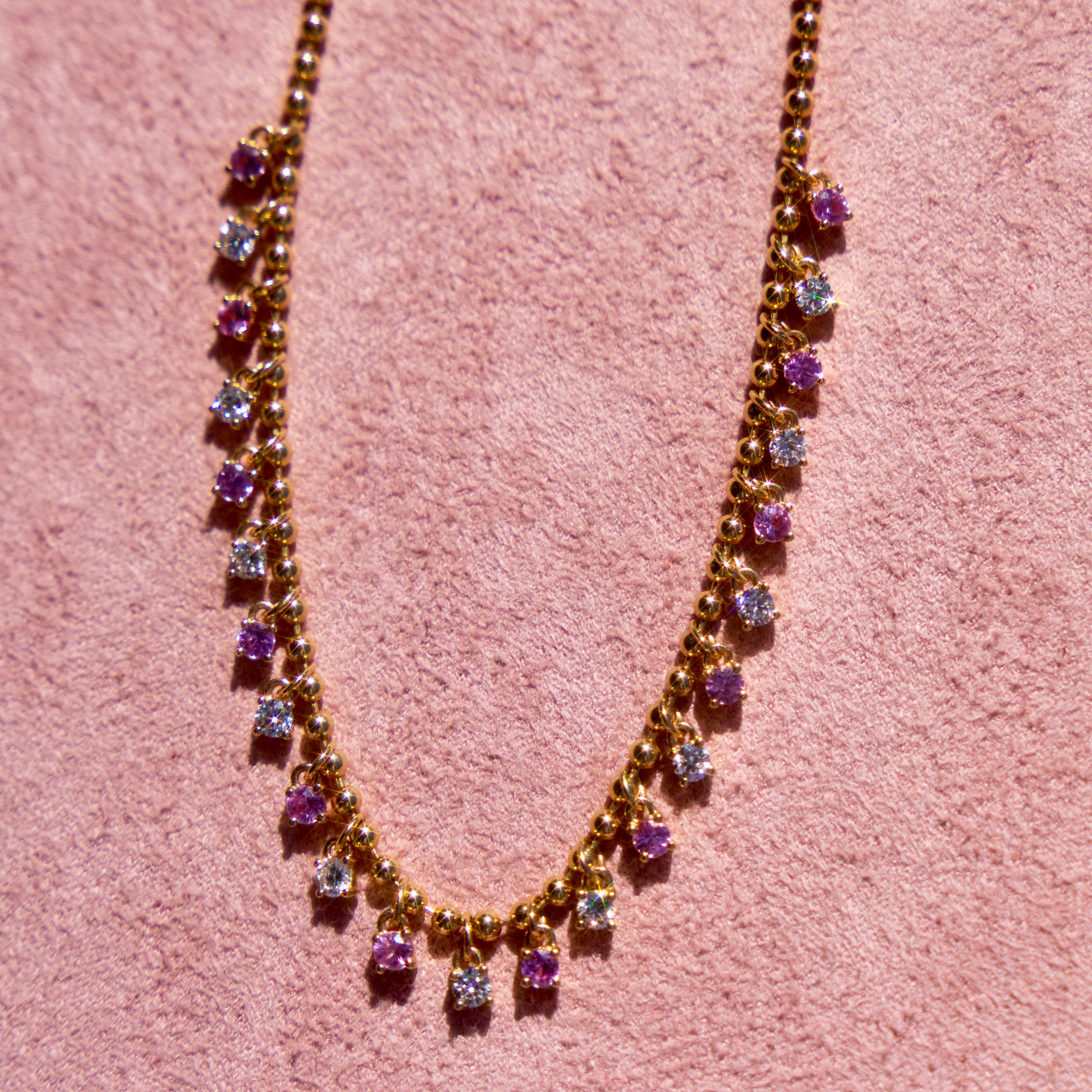 14k Pink Sapphire + Diamond Shaker Necklace