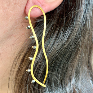 Gold Coaster Earrings w/ Black Pearls