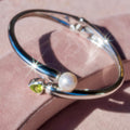 Sterling Silver Open Bangle w/ Peridot + Freshwater Pearl
