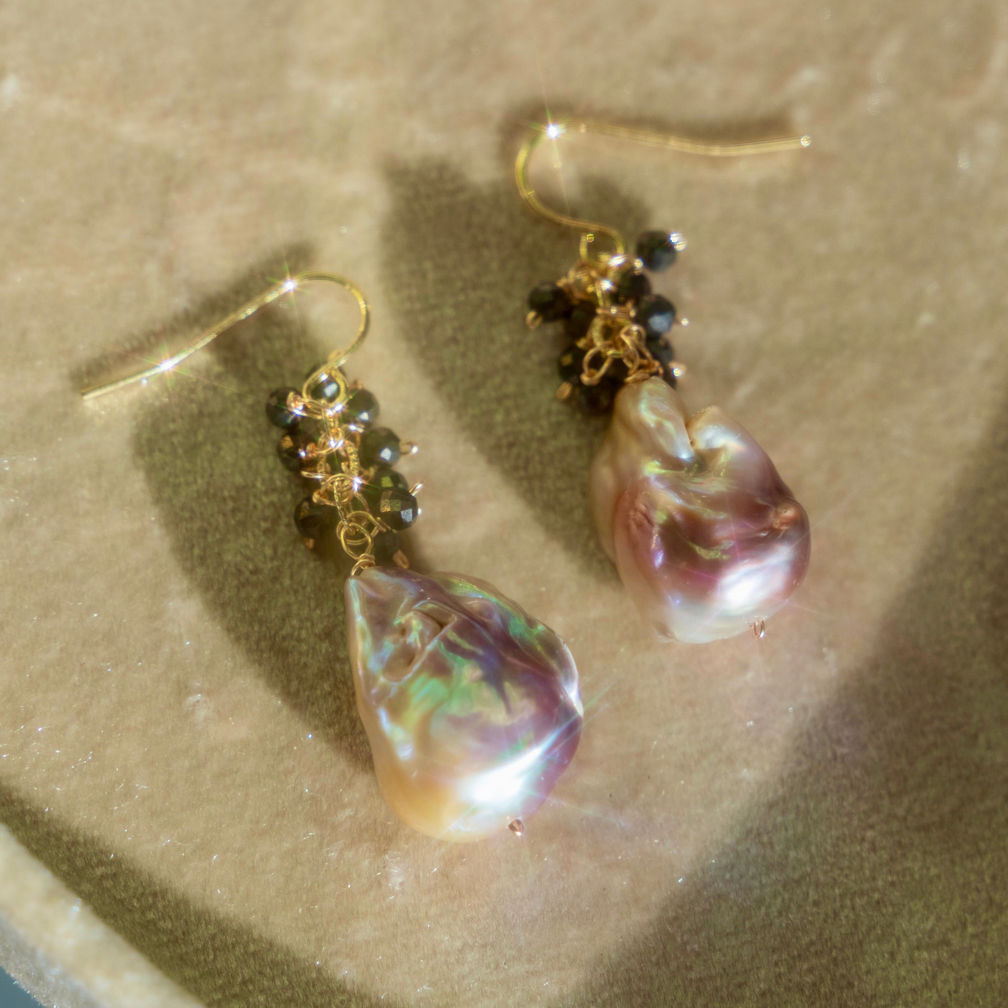 Blue Sapphire + Pink Baroque Akoya Pearl Earrings