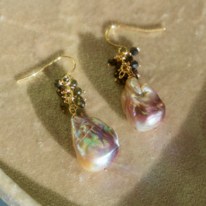 Blue Sapphire + Pink Baroque Akoya Pearl Earrings