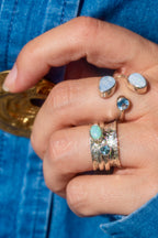 Sterling Silver Spinner Ring with Opal + Blue Topaz