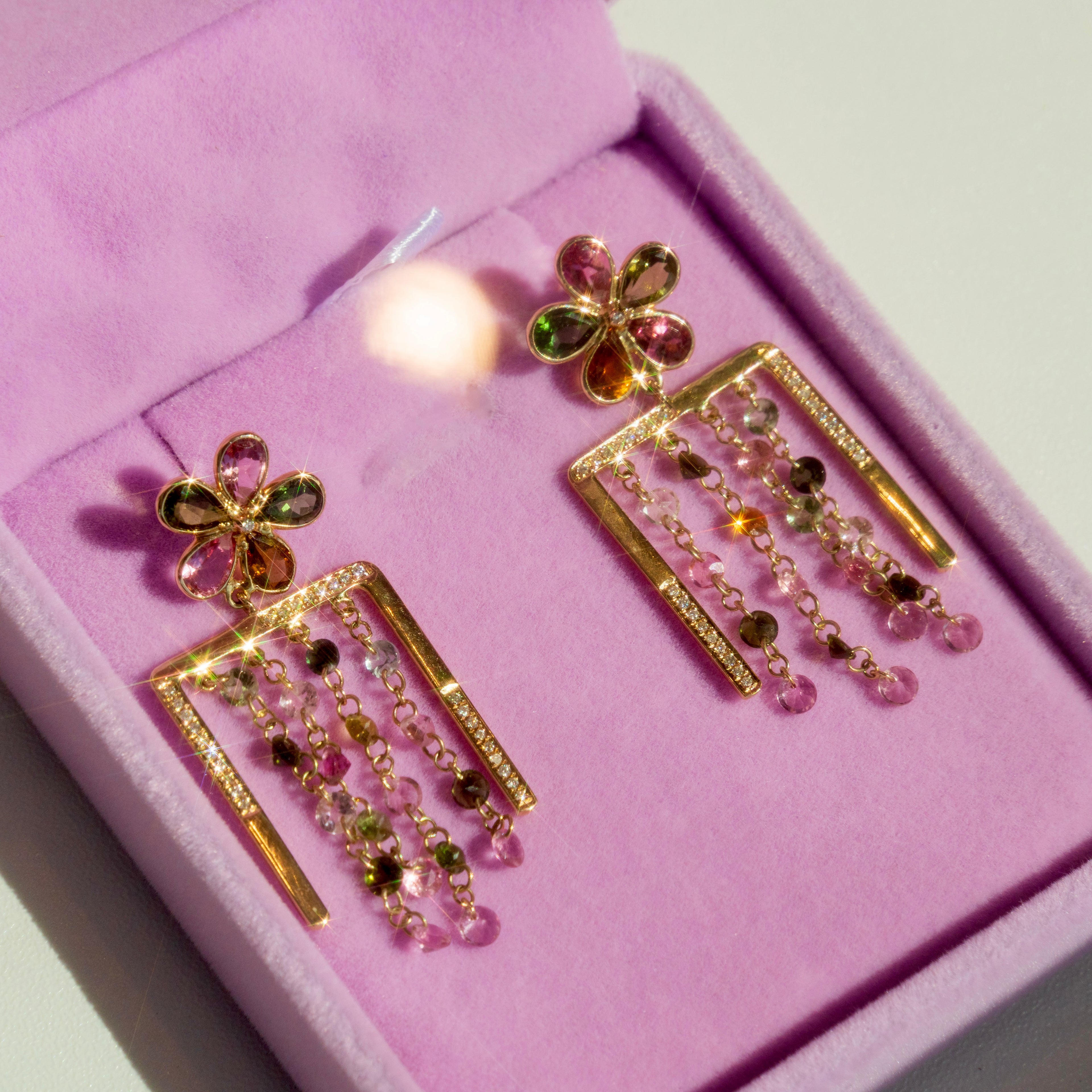 14k Tourmaline + Diamond Floral Dangle Earrings