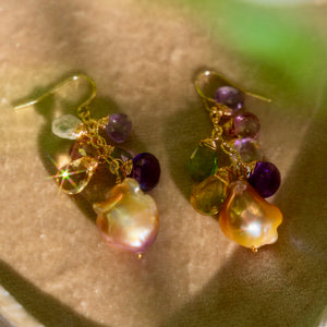 Peach Pink Baroque Akoya Pearl, Amethyst, Pink Topaz, + Rose Quartz Earrings