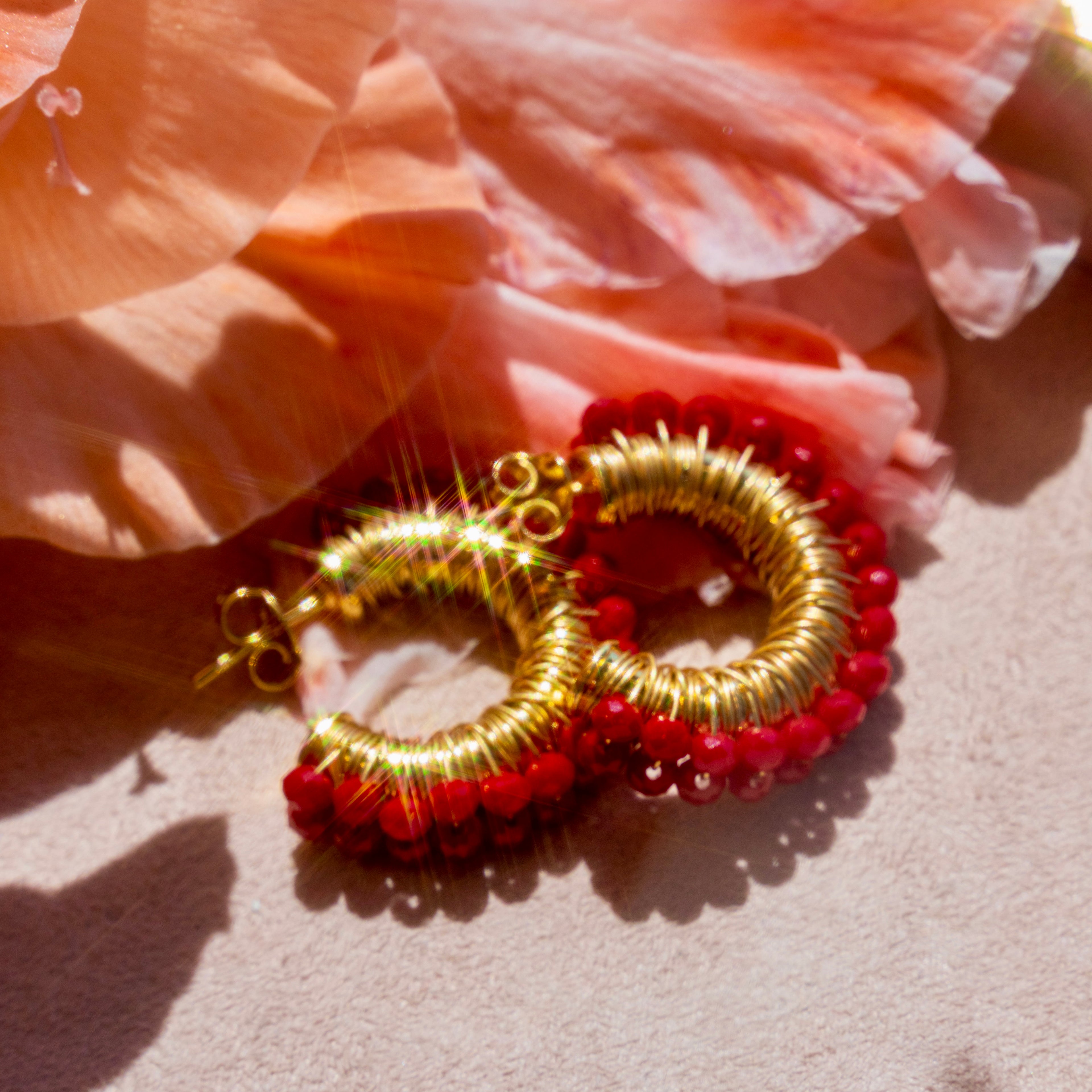 Gold Hoops w/ Red Czech Crystals