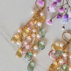 Moss Quartz, Pink Topaz, Iolite, + Freshwater Pearl Earrings