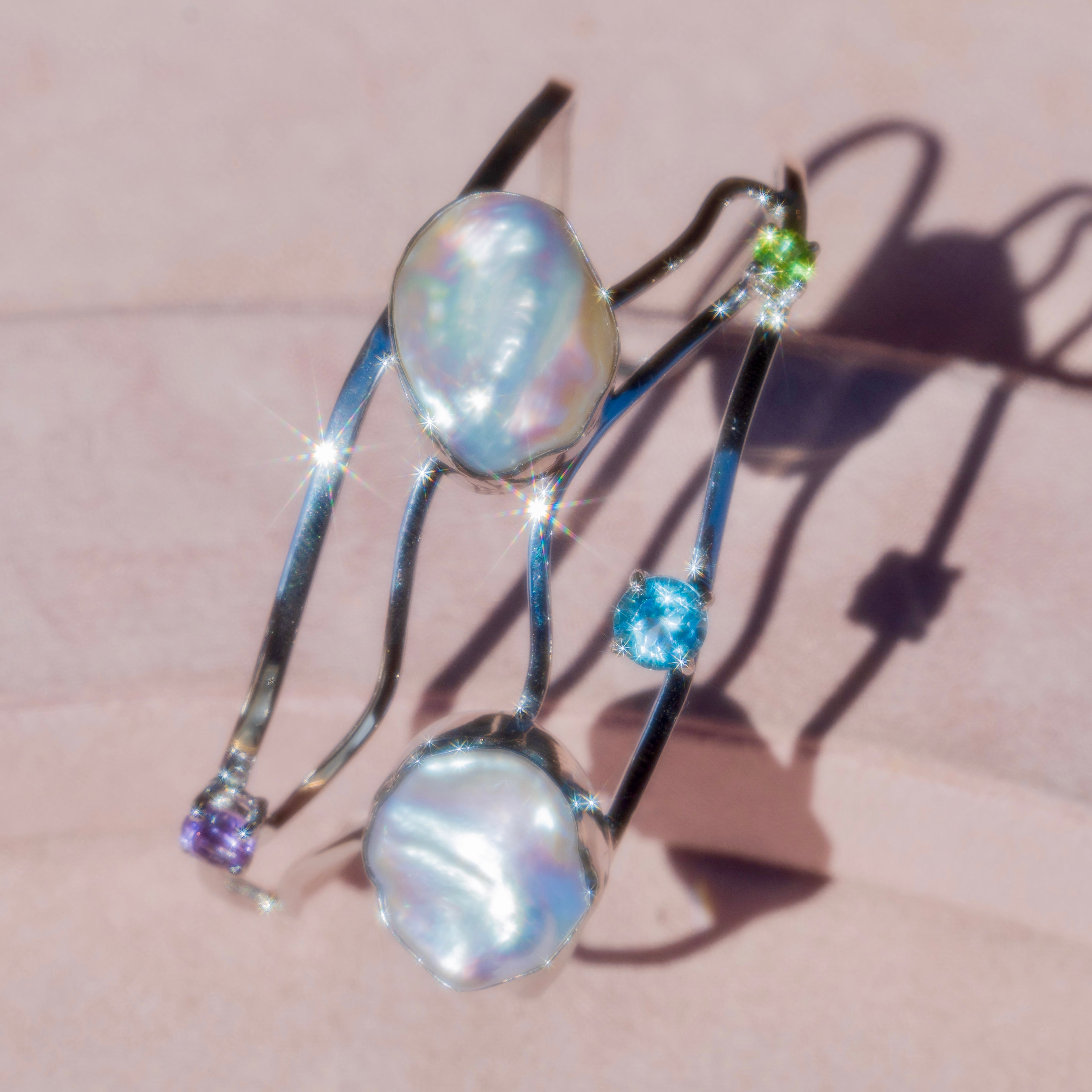 Sterling Silver Cuff w/ Freshwater Pearl, Blue Topaz, Peridot, + Amethyst