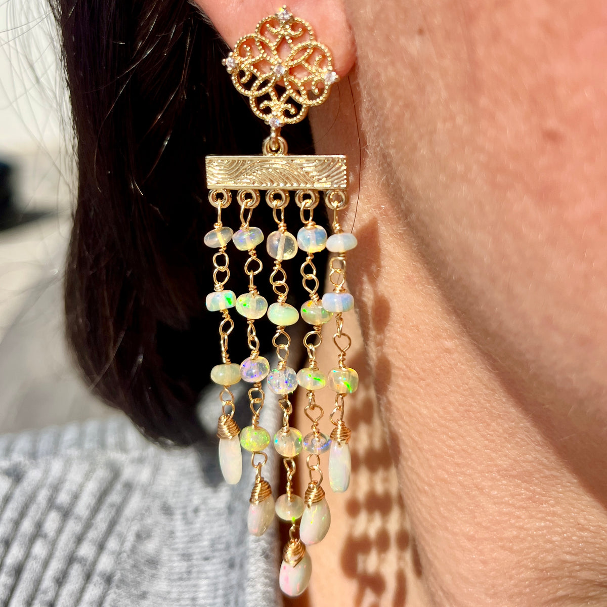 Fire + White Opal Chandelier Earrings