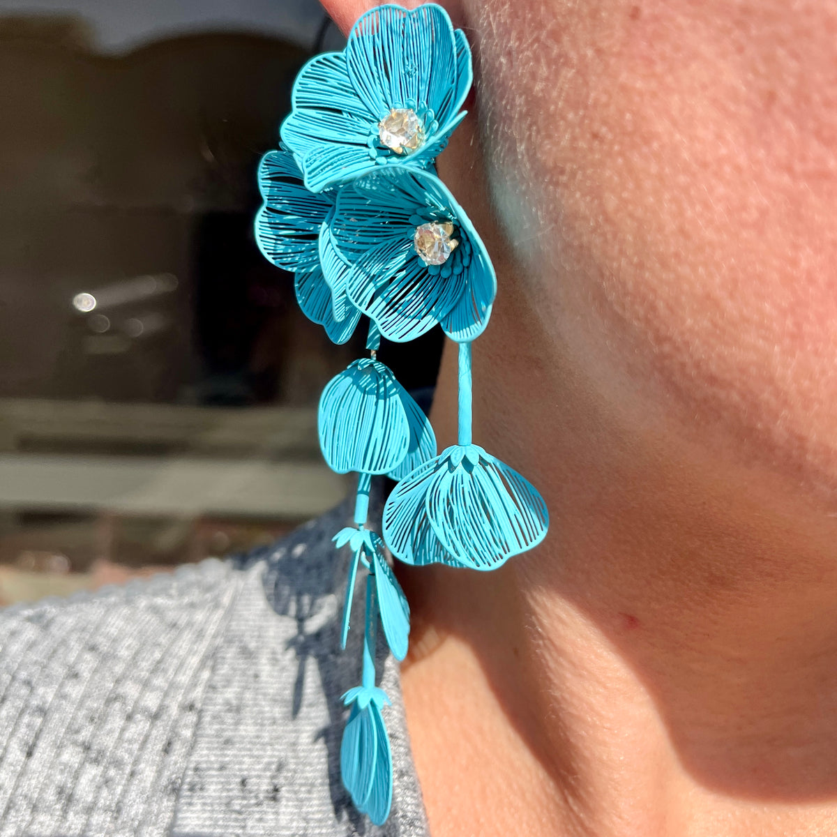 Teal Floral Statement Earrings