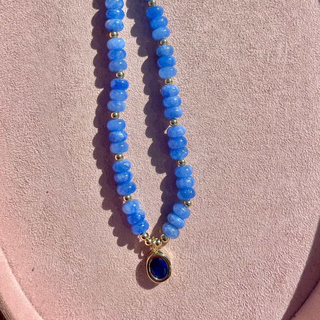 Blue Bead + Blue Cubic Zirconia Necklace