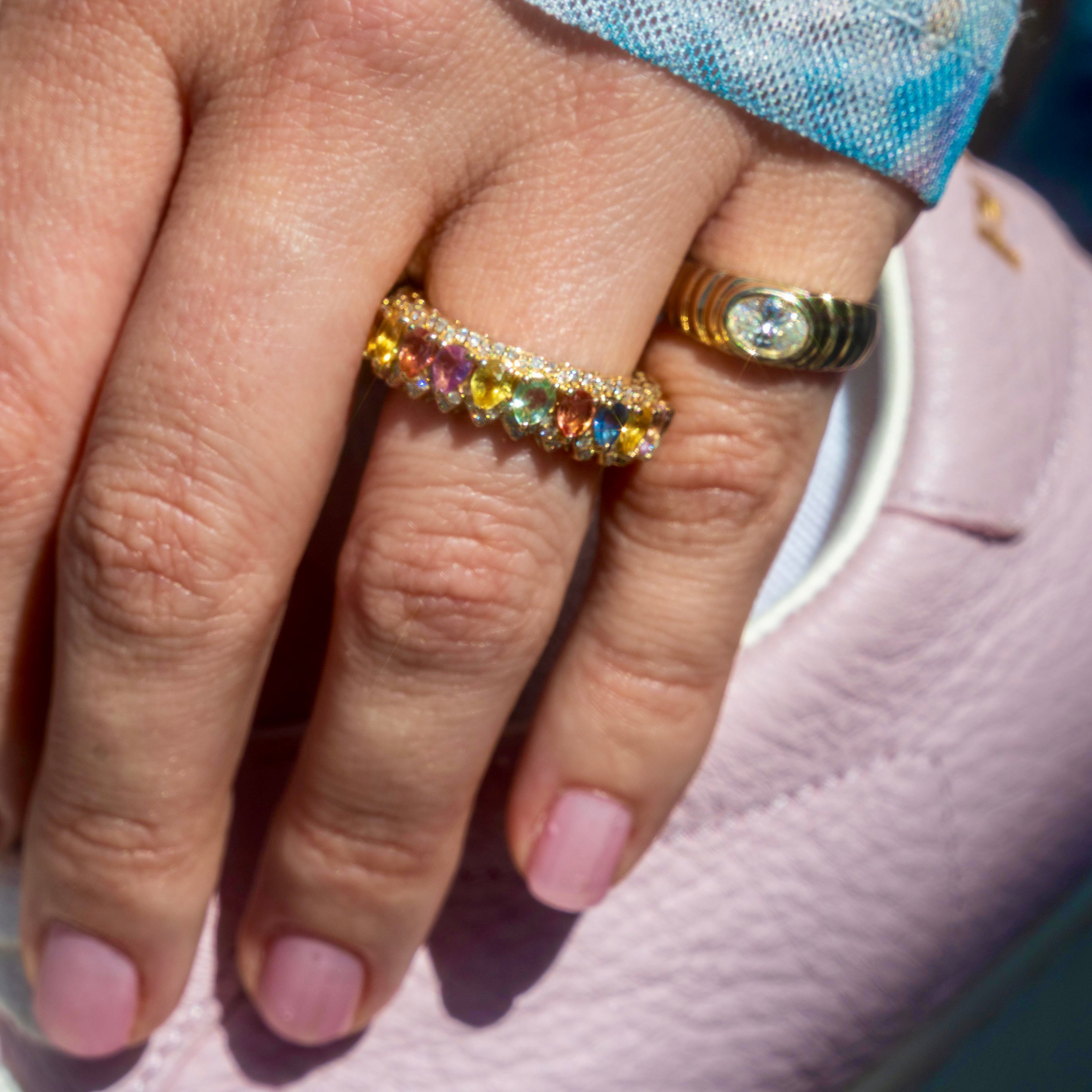 14k Multi Colored Sapphire + Diamond Eternity Ring