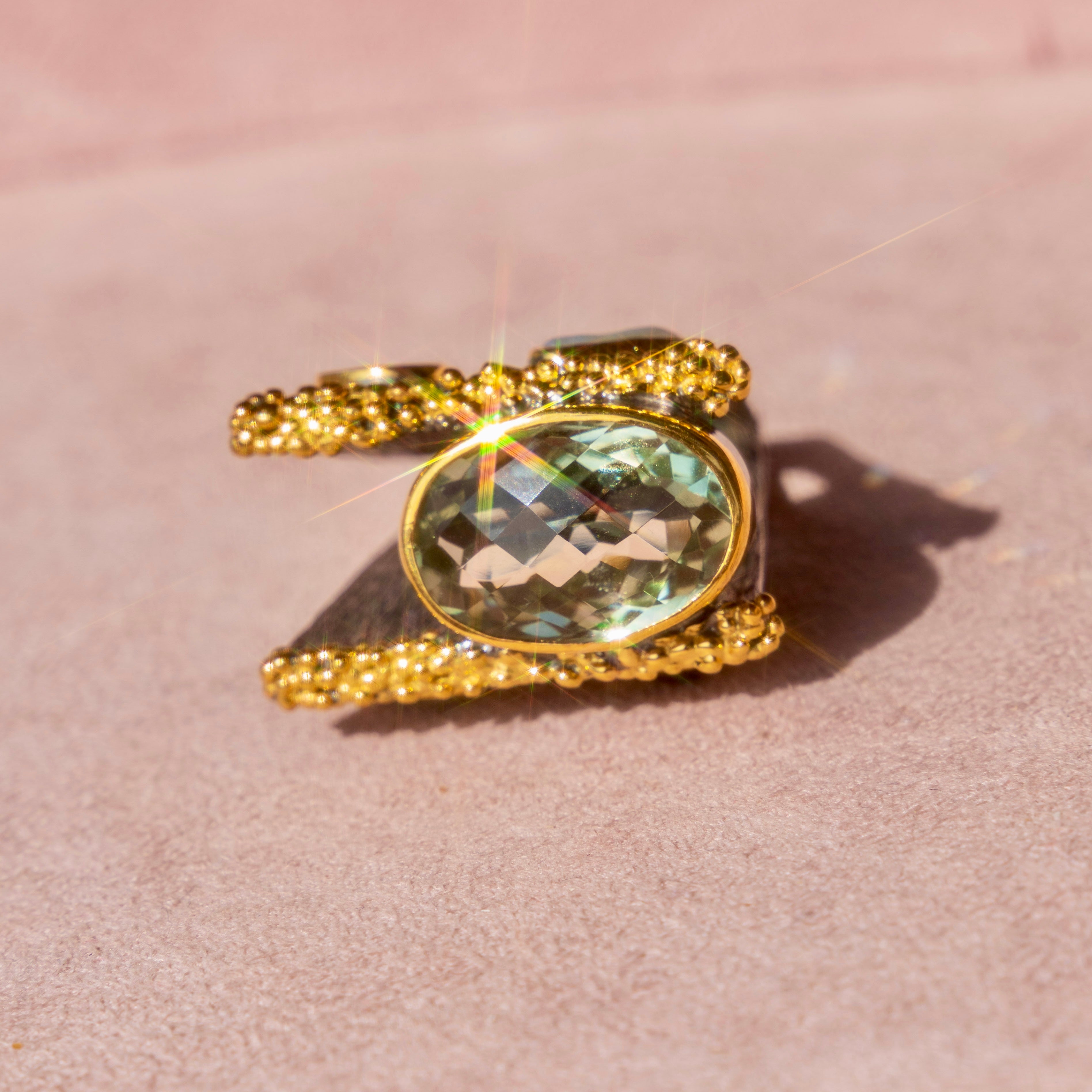 Green Amethyst One of a Kind Ring w/ Four side stones