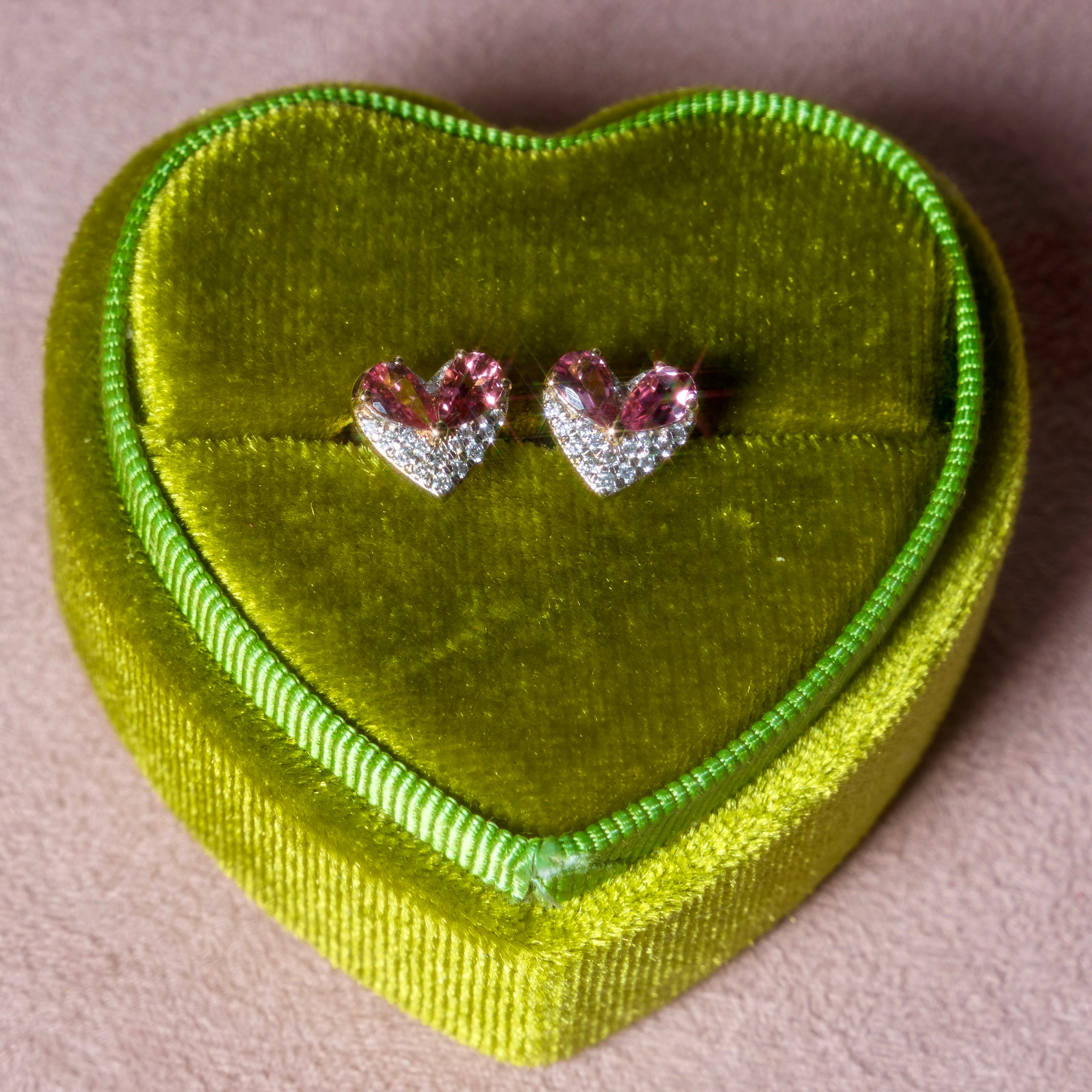 14k Pink Sapphire + Diamond Heart Stud Earrings