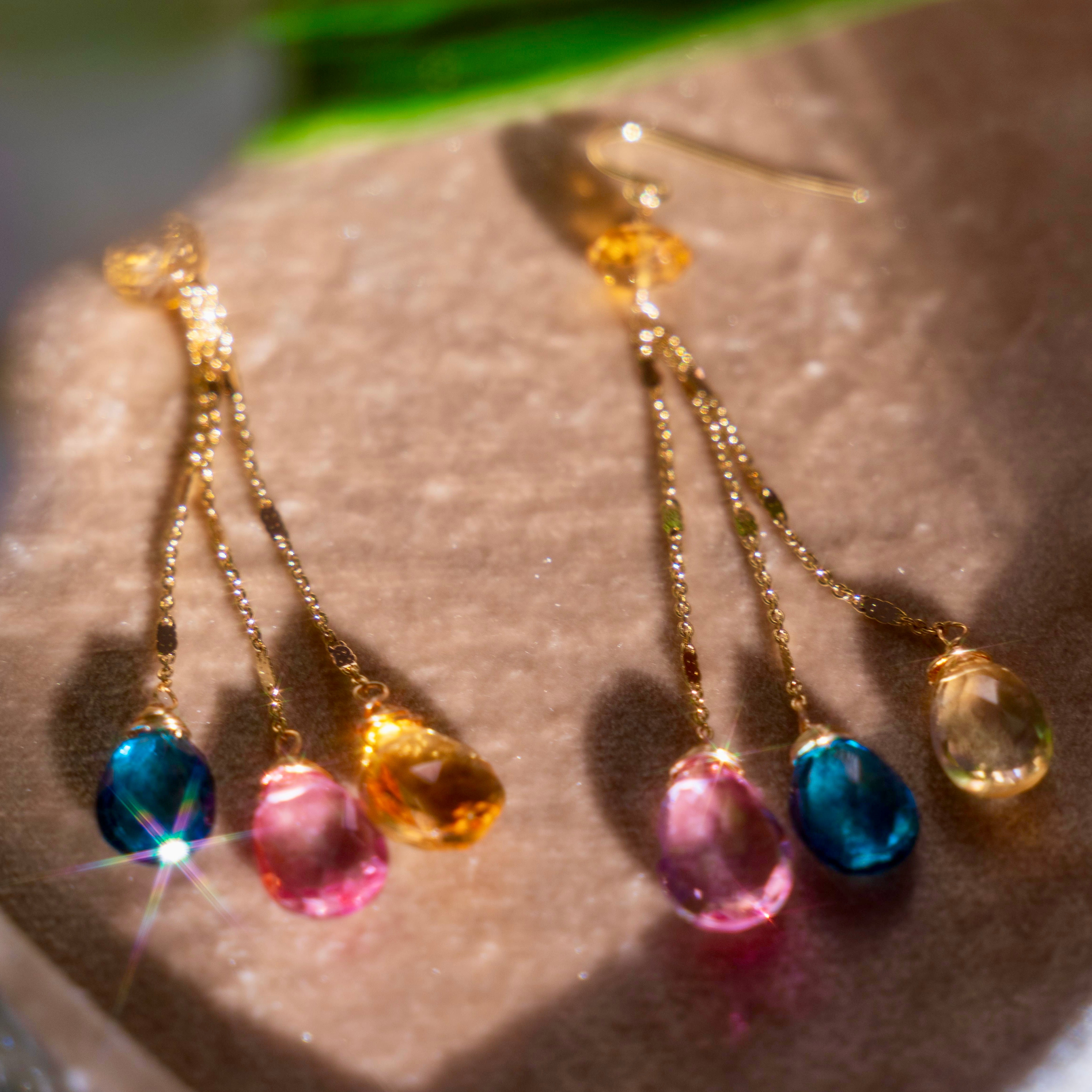 Citrine, Pink Topaz, + Blue Kyanite Earrings