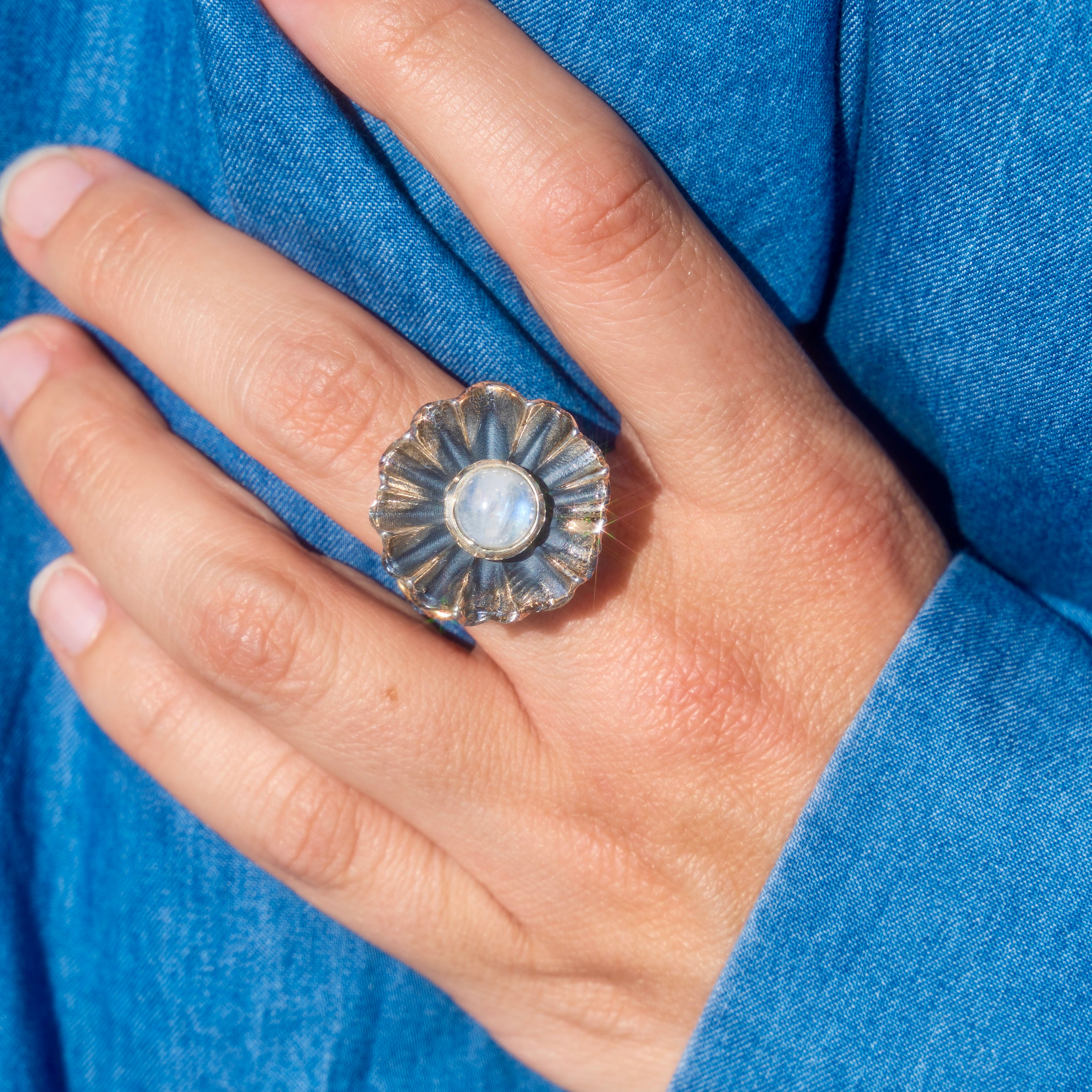 Rainbow Moonstone + Swiss Blue Topaz Floral Ring
