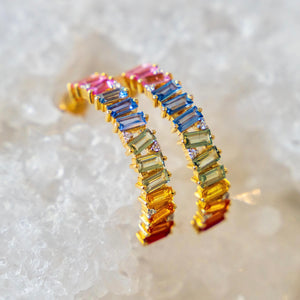 14k Rainbow Sapphire + Diamond Baguette Hoops