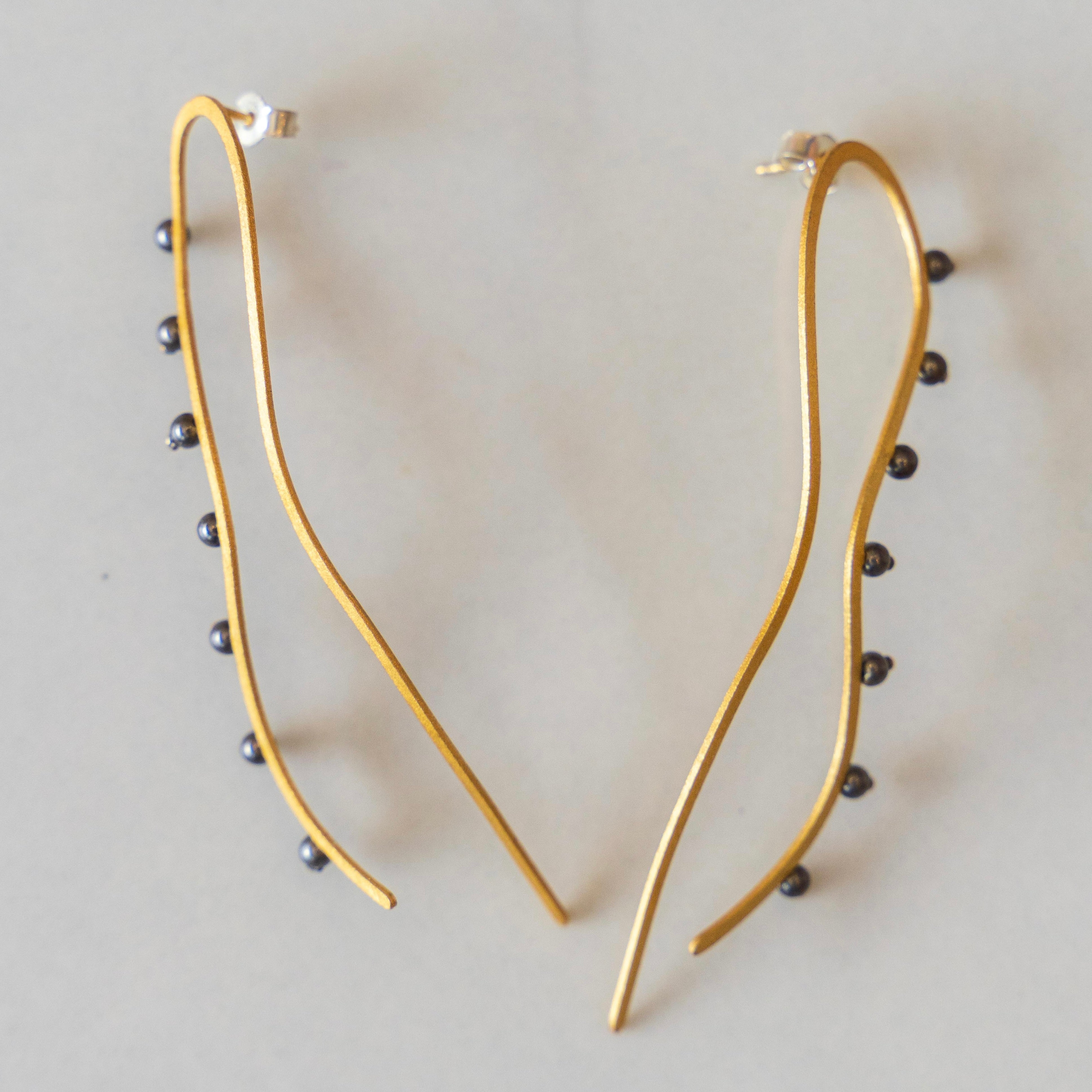 Gold Coaster Earrings w/ Black Pearls